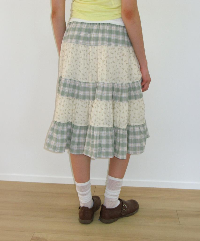 RONRON Floral Check Patchwork Mid Skirt Green