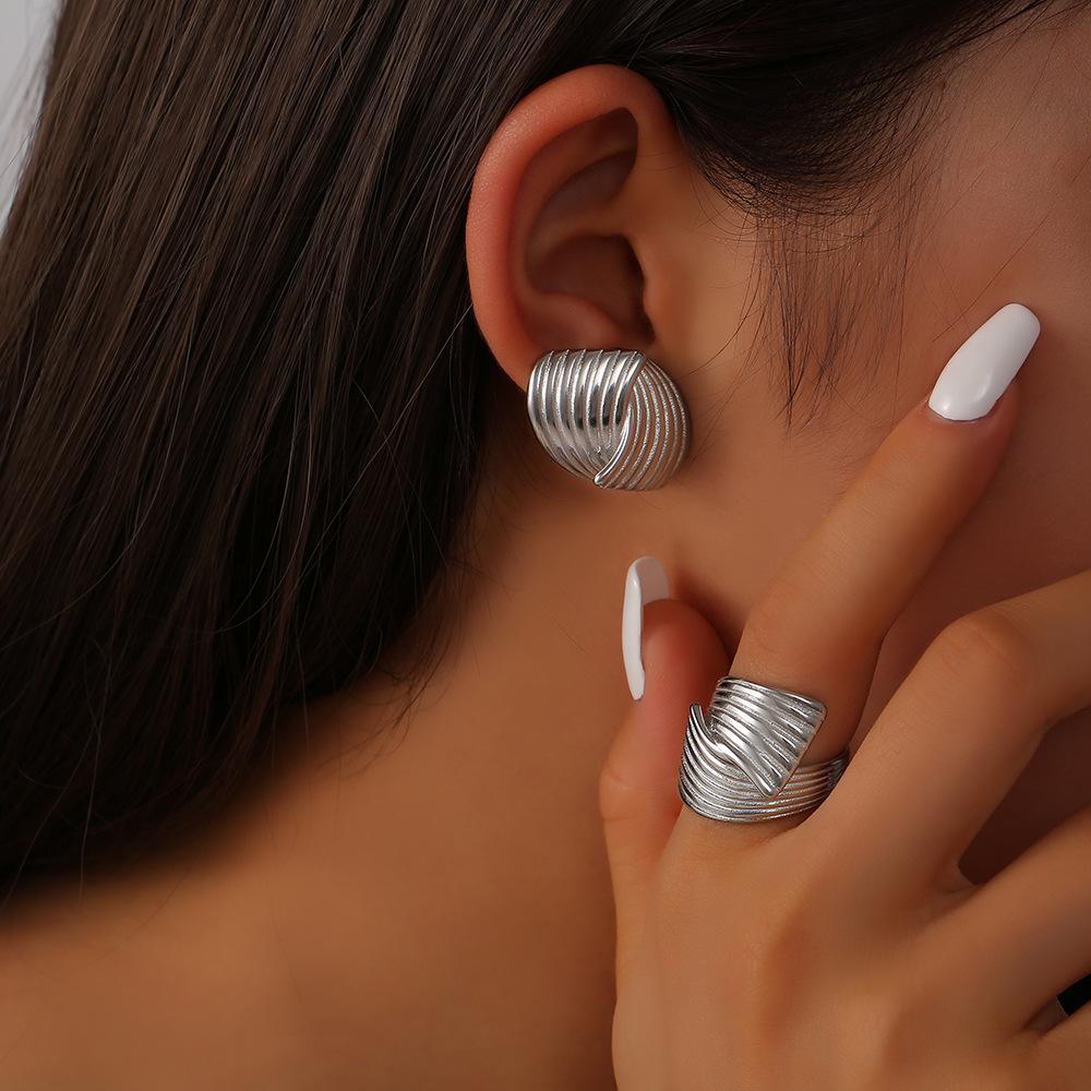 18K Gold Plated Titanium Steel Textured Earrings and Ring Set for Women