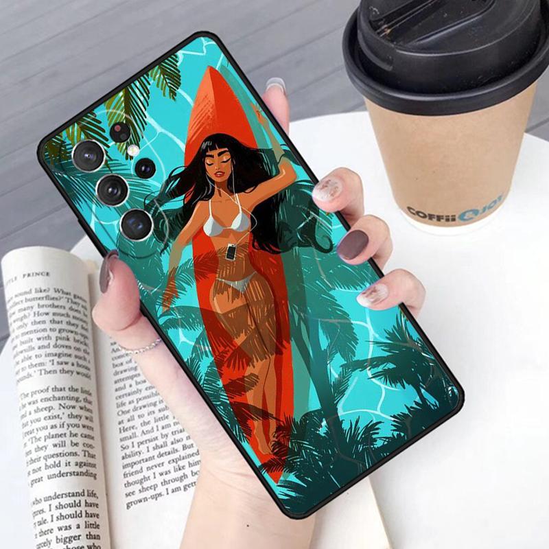 Surfing Art Surf Girl Phone Case Cover For Samsung Galaxy S24 S25 Ultra S21 S22 Ultra S10E Note 10 Plus Note 20 FE S23