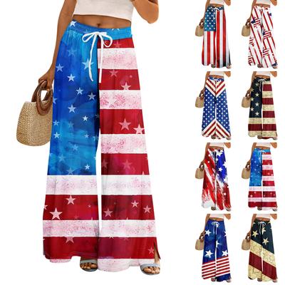 Women Summer Boho Palazzo Pants High Waist Wide Leg Independence Printing Casual Trousers With Pockets