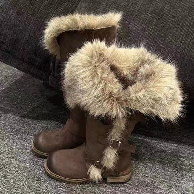 Pelzige Hohe Stiefel Damen Designer Absatz Wildleder Schuhe Schnalle Mode Warme Schneestiefel Neu Komfort Winter Wandern Damen Stiefeletten