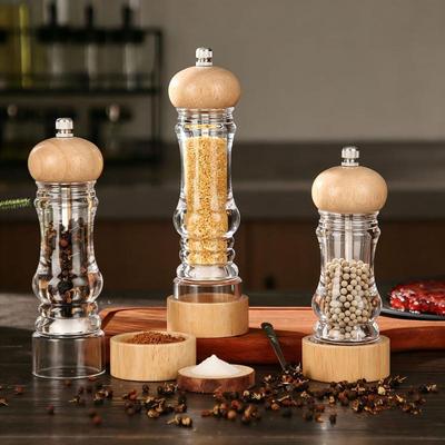 Wood Pepper Grinder Mill, Acrylic Sea Salt Shaker With Adjustable Coarseness, Refillable Manual Ceramic Core Spice Crusher