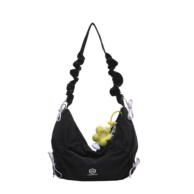Nylon Zipper Closure Duffle Bag For Women With Wrinkled Shoulder Straps And Letter Prints