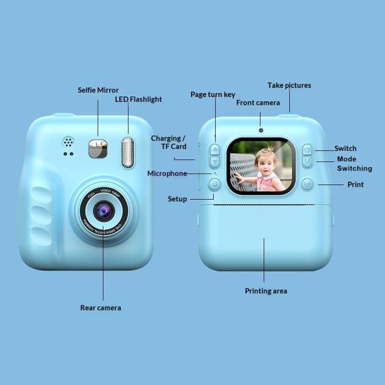 Vaikų momentinis fotoaparatas su 2 colių IPS ekranu 1080P Nešiojamas kelioninis vaizdo įrašymo įrenginys Mažylių momentinis skaitmeninis spausdinimo fotoaparatas Žaislas su nuotraukų popieriumi