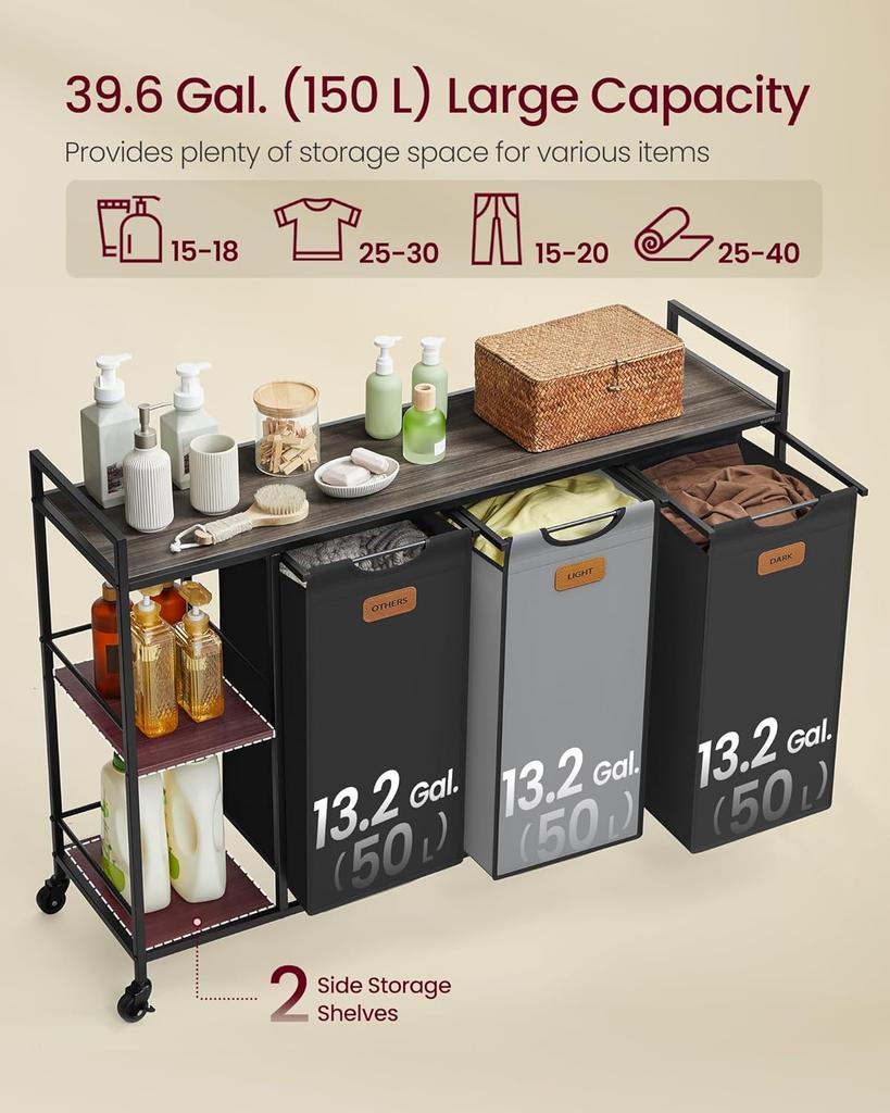 VASAGLE Laundry Hamper with 3 Compartments, 150 L Laundry Sorter, Rolling Laundry Cart with Shelves, Removable Liners, 6 Labels, Chestnut Brown