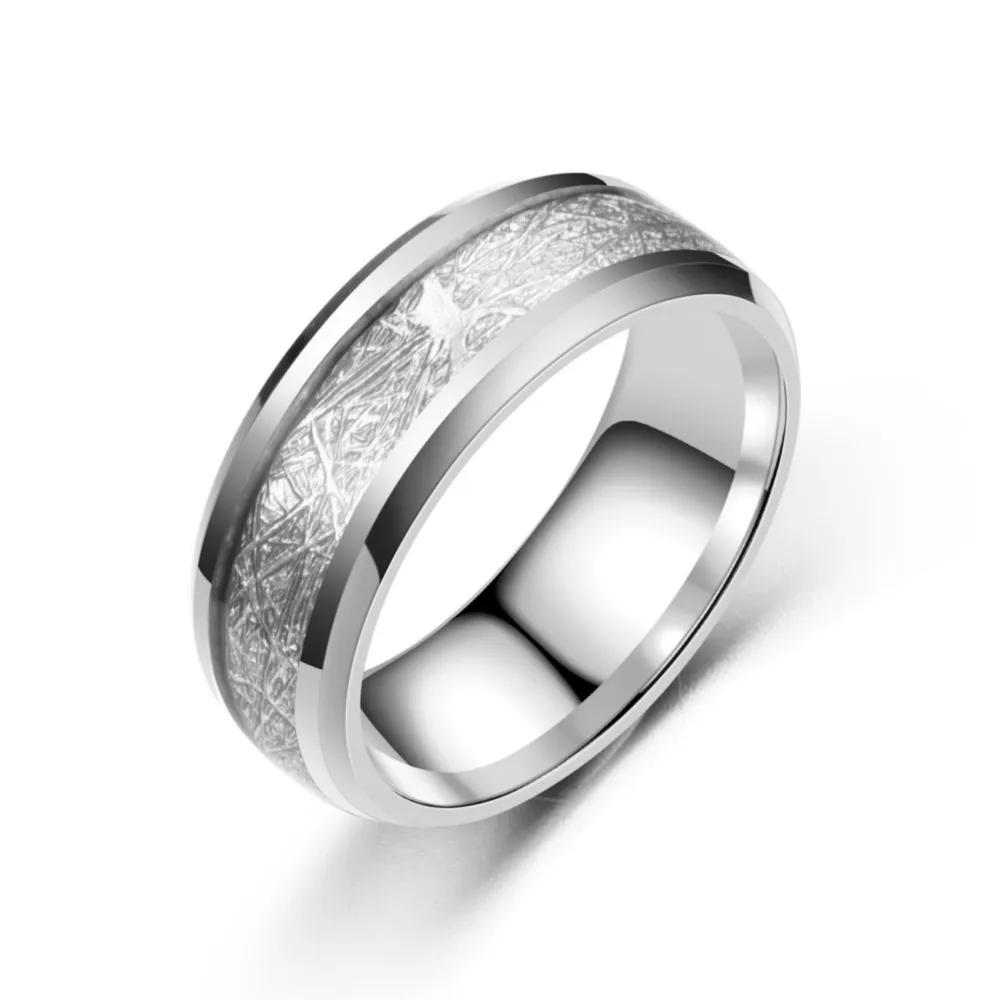 Men's 8MM Meteorite Stone Pattern Inlaid Silver Stainless Steel Ring - Engagement Wedding Band for Cocktail Party High