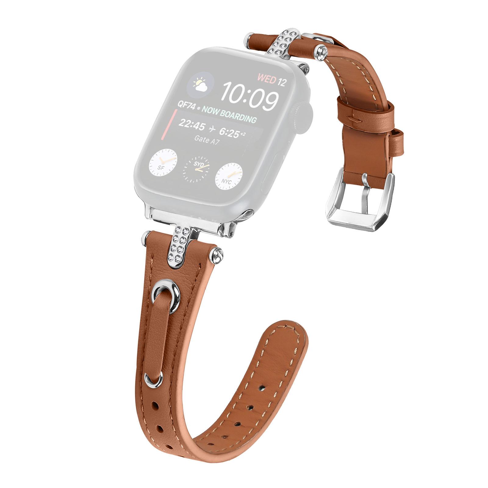 

For Apple Watch 10 46mm/Ultra 2/Ultra 49mm/9 8 7 45mm/SE (2023) SE (2022) SE 6 5 4 44mm/3 2 1 42mm Silver Buckle Watch Strap Brown