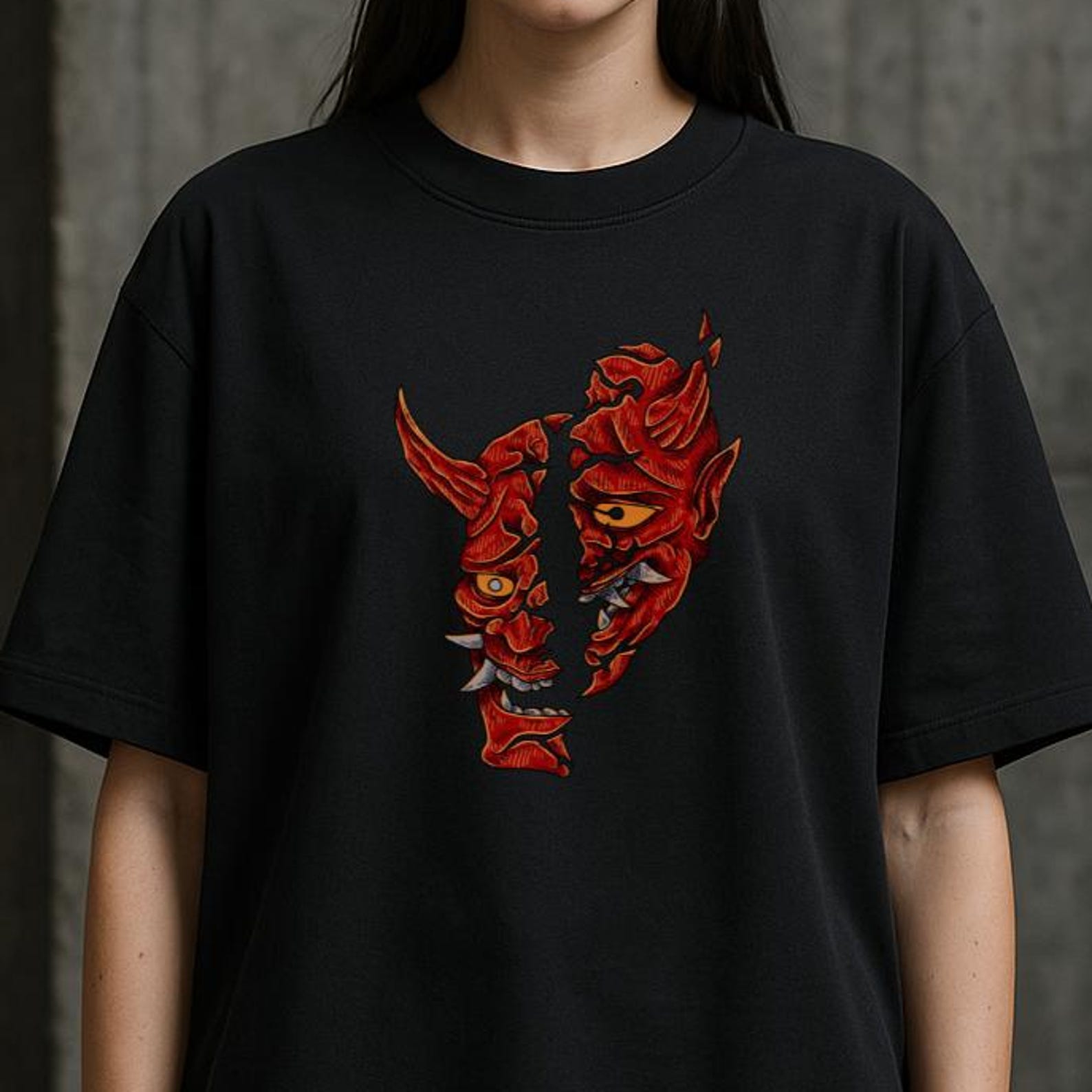 Oni Demon Mask Shirt, Japanese Tattoo Art, Horror Graphic Tee 4XL