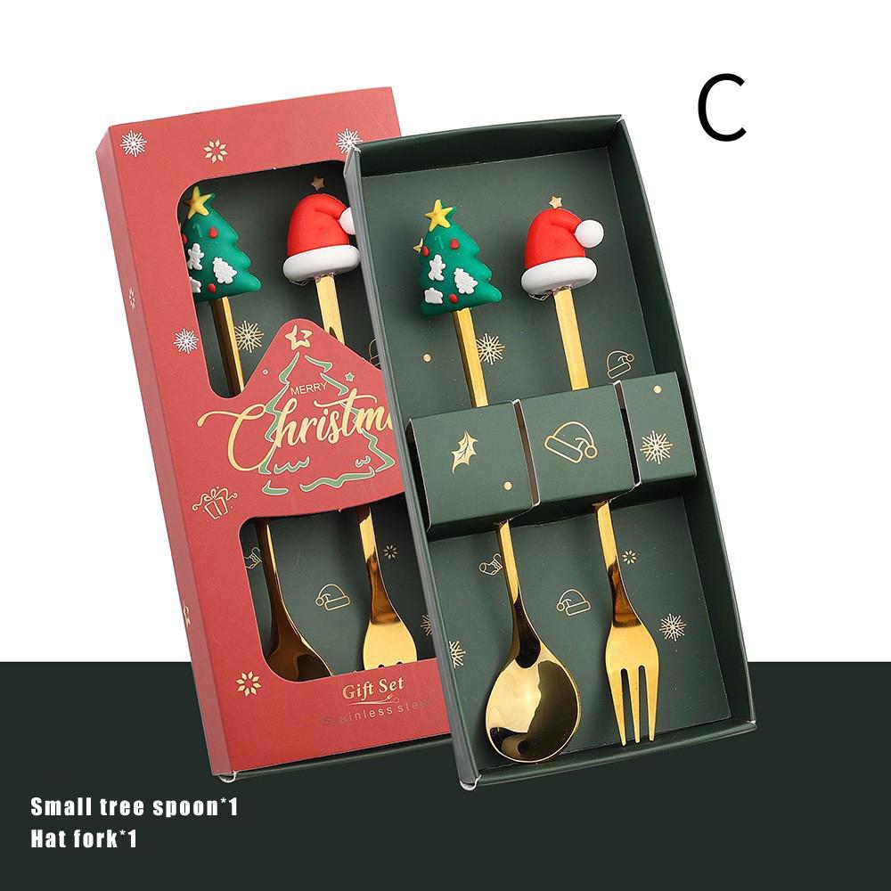 6pcs Christmas Coffee Spoons Forks Set Stainless Steel Santa Claus Dessert Spoon Forks Christmas Gifts for Kids Gift Box Set