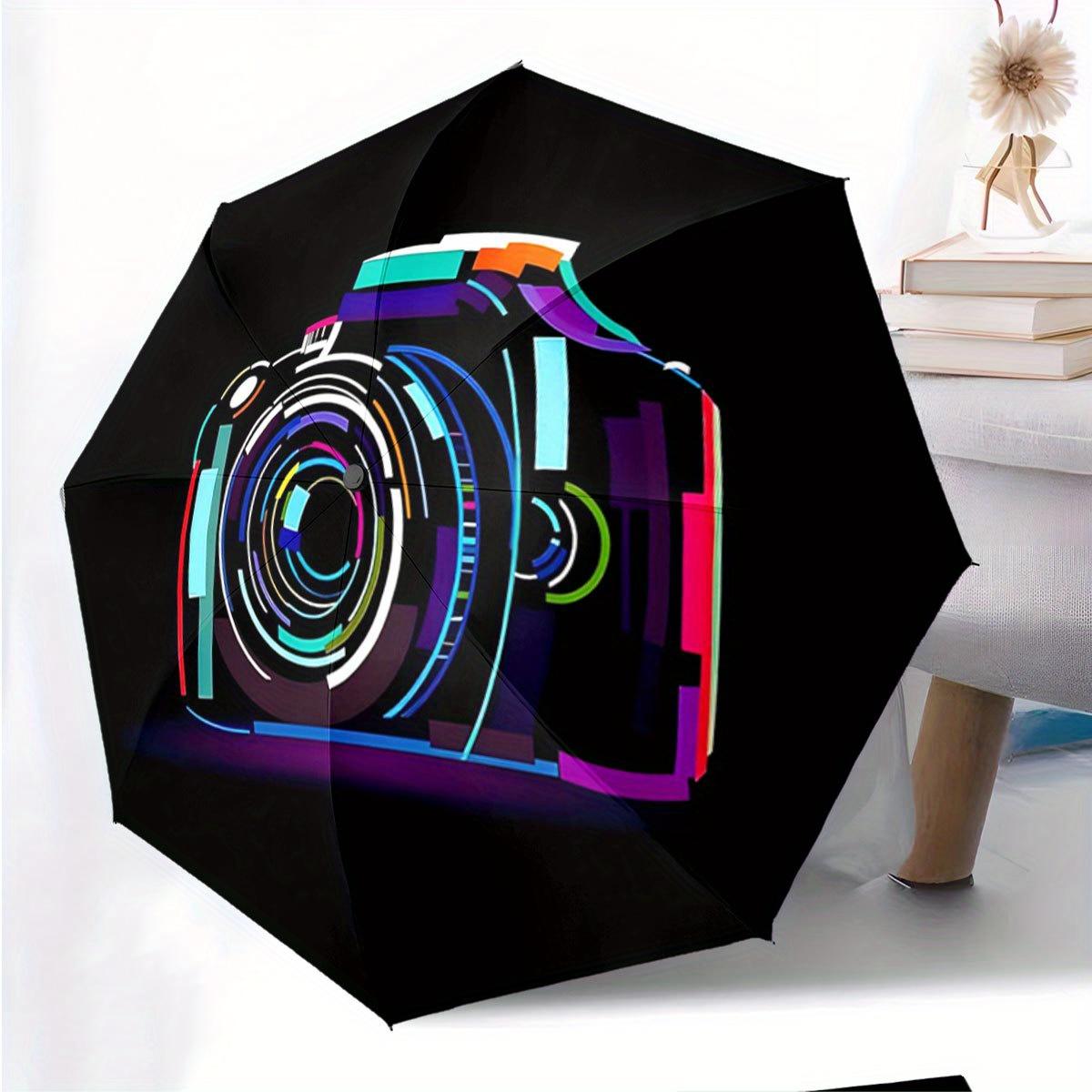 

Vibrant Camera Design Automatic Open Folding Umbrella - 8-Rib Durable Frame, Compact Portable Lightweight for Travel, Casual & (as the picture,Iron&8K)