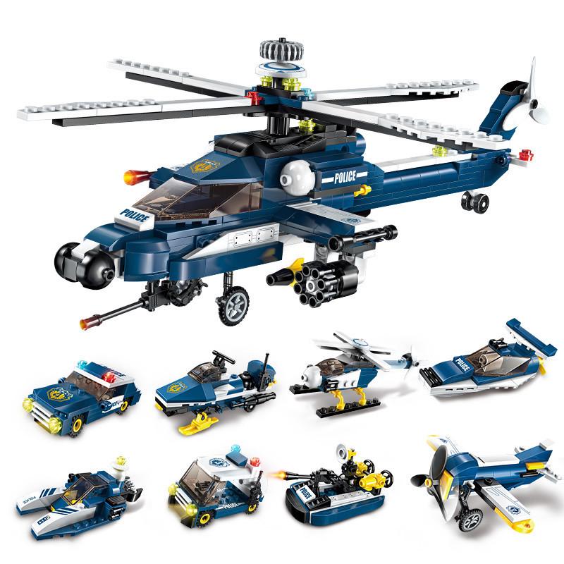 381pcs 8in1 Police Car Fighter Helicopter Landing Patrol Craft Boat Weapon Boy Building Block Toy