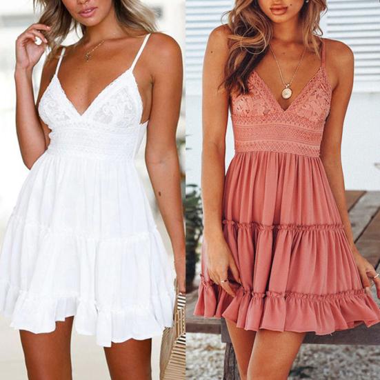 Summer Sexy Women Lace Patchwork V Neck Spaghetti Strap Bow Backless Mini Dress