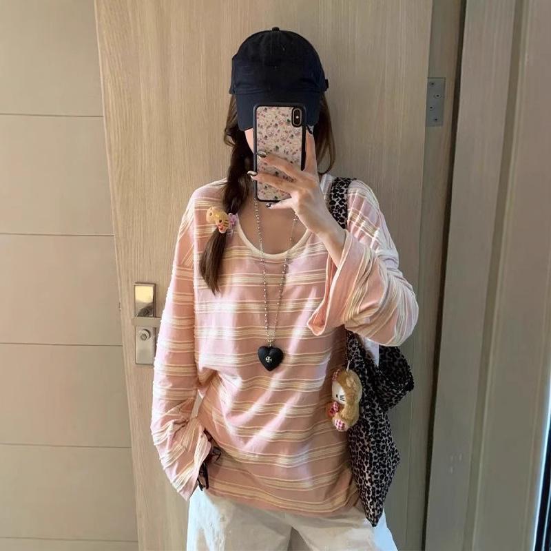 Women's Relaxed Color Block Striped Long Sleeve T-Shirt - Spring 2025 Loose Chic Style