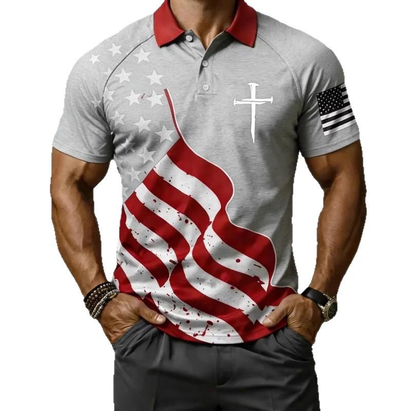 Patriotic Essential! Short Sleeve Polo, Flag & Cross Print, Casual Style
