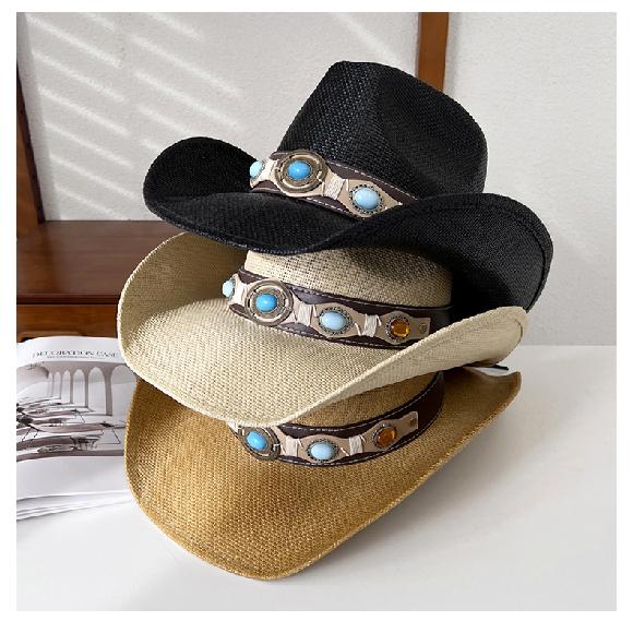 Western cowboy style straw hat for women, summer wide-brimmed hiking sun hat, ethnic style knight hat, men's sun protection hat