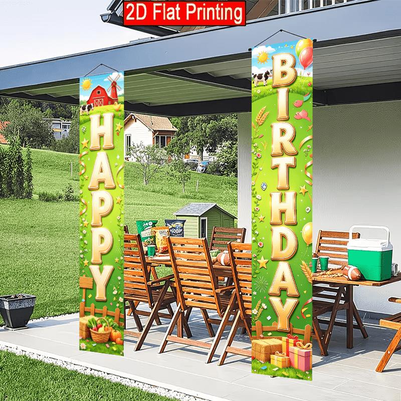 2D Flat, 2pcs 2D Flat Farm Animal Theme, 30.48X179.83 cm Polyester Door Couplet, Star Ribbon, Haystack, Wooden Fence, Confetti Design, Suitable for Fa