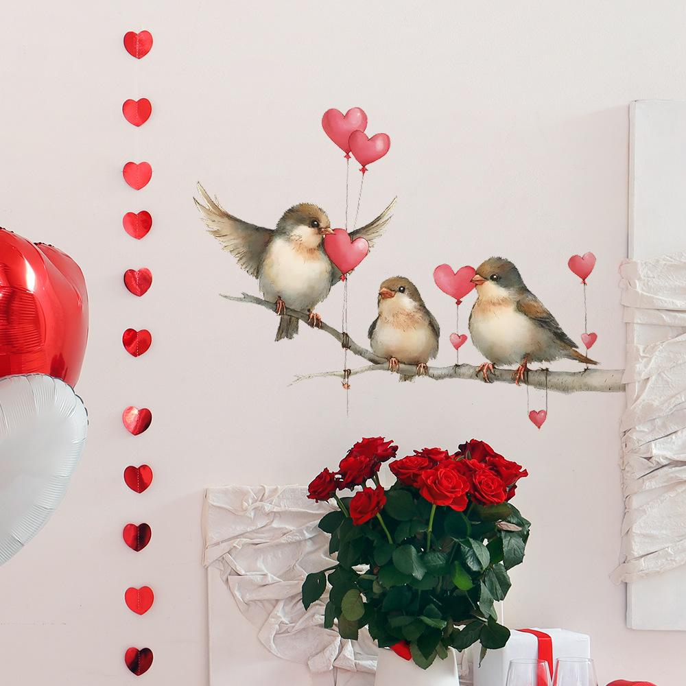 Self-adhesive Wall Stickers Three Little Cute Birds On Heart Branch for Kids Room Bedroom Home Decor