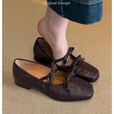 Fashion Genuine Leather Bow Women Ballet Flat Shoes Soft Soles Vintage Mary Jane Shoes Fashion Comfortable Ladies Low Heel Shoes