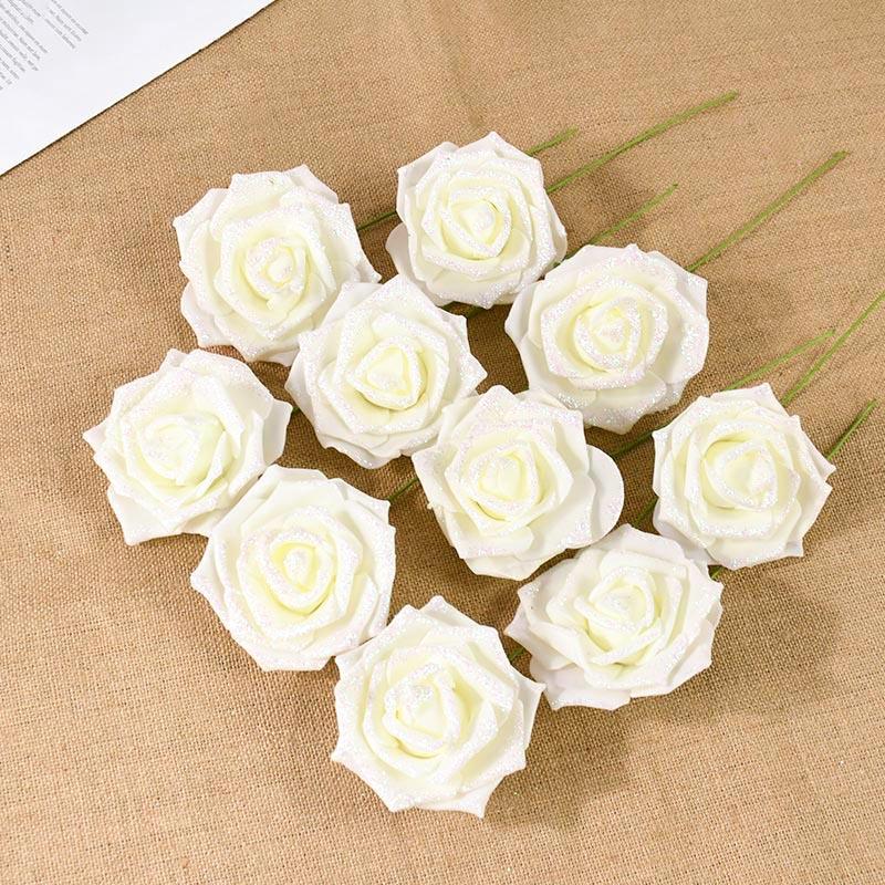 10/20 Stück Glitzer Künstliche Rosenblumen mit Stiel Blätter DIY Hochzeitssträuße Geburtstagsfeier Heimdekorationen DIY Bastelkranz