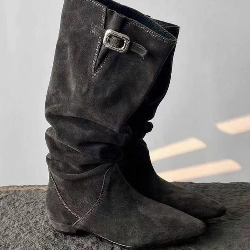 Sheepskin version~ Pile boots belt buckle skinny boots pointed low heel retro western cowboy boots female knight boots