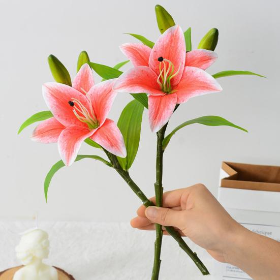 Artifical Lily Flower Full Bloom Faux Lily Flower 1 Head 2 Buds Fake Real Touch Lily Branch for Home Party Wedding Table Centerpiece Decor