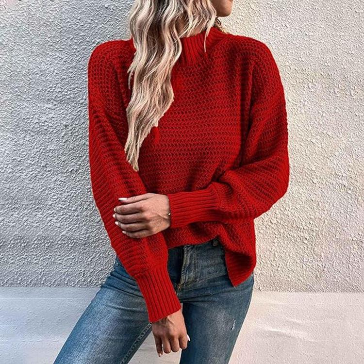 Women Warm Knitted Sweater Round Neck Pullover Jumpers Long Sleeve High Collar Knit Sweaters Tops Outerwear