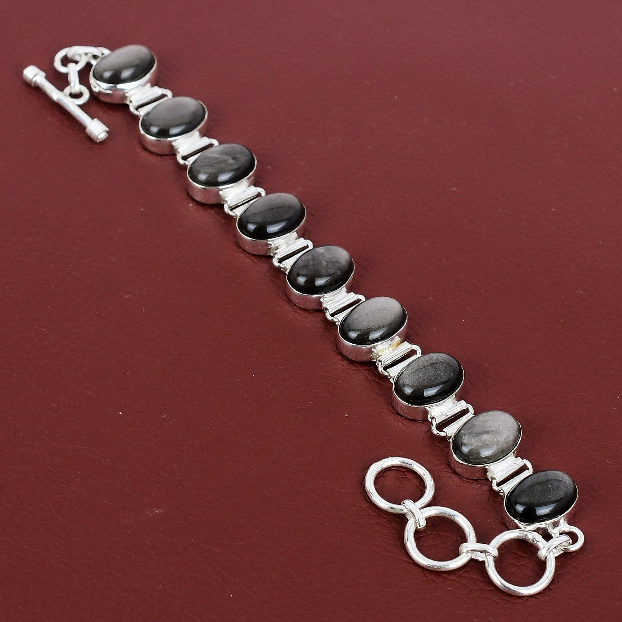 Silver Sheen Obsidian Bracelet 925 Sterling Silver Bracelet Adjustable Chain Bracelet Handmade Jewelry Real Gemstone Bracelet Gifts For Her Adjustable