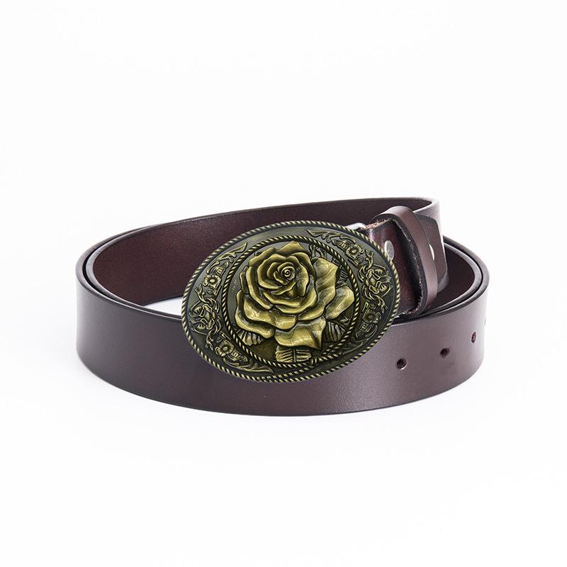 Rose-Shaped Waistband Leather Belt with Floral Pattern - Nightclub Single Loop Pants Accessory