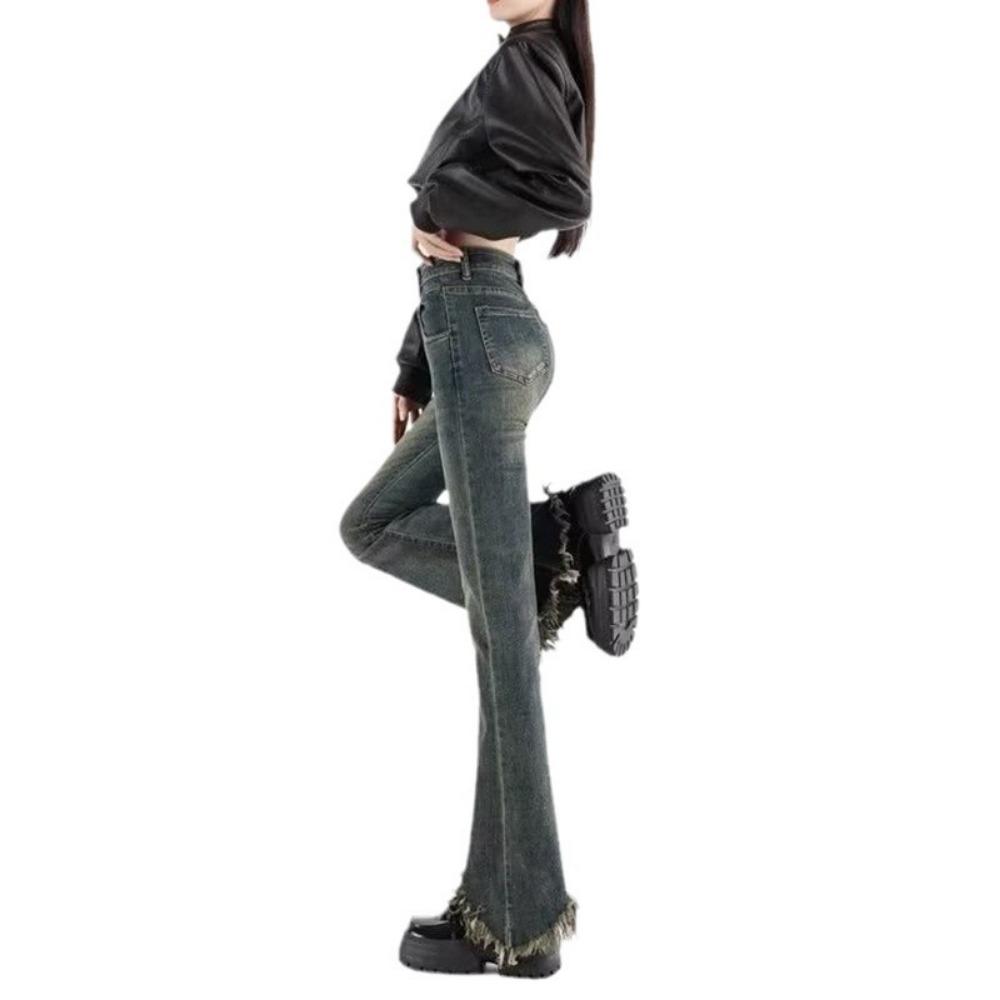 Neutral Burrs Slightly Pulled Jeans Women's Thin High Waist Spring and Autumn New Design Micro-flared Jeans