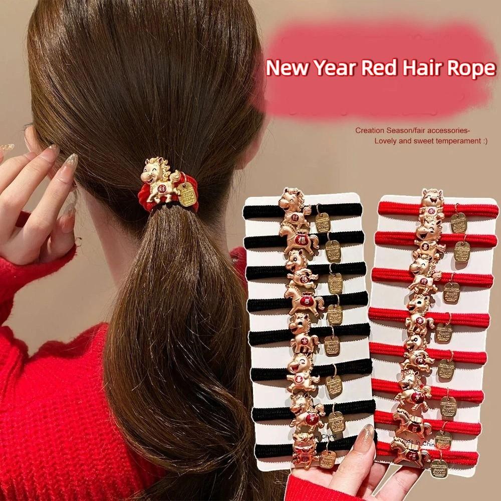 Cute Red Rope New Year Red Hair Rope 2026 Alloy Horse Year Hair Ring Bracelet Chinese Style Horse Year Rubber Band Girls