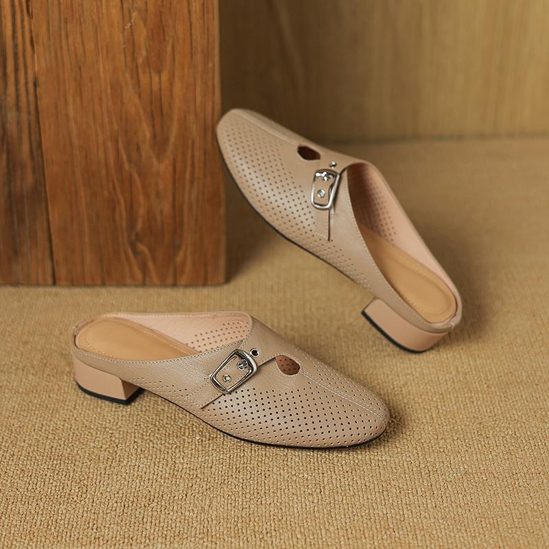 Fashion Women's New Genuine Leather Sheepskin Hollow Hole Metal Belt Buckle, Mid Heel Large Toe, Breathable M Ü Ller Slippers