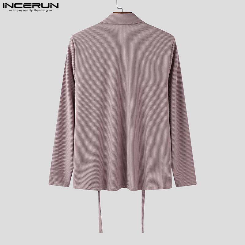 INCERUN Men Lapel Neck Long Sleeve Button Rib Texture Casual Tops T-shirts