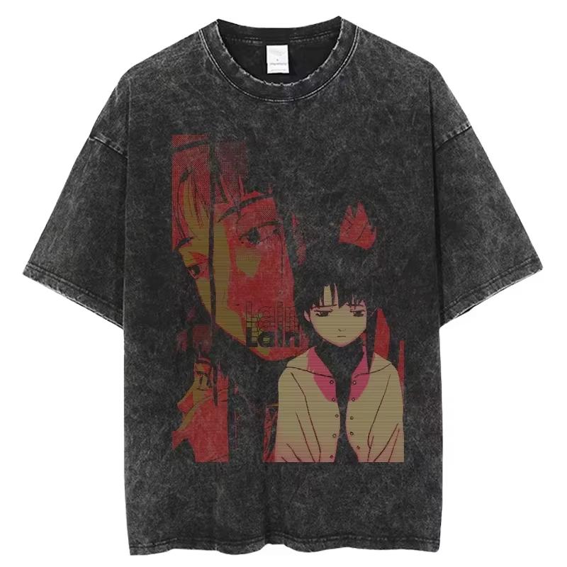 Anime Serial Experiments Lain Vintage Gewaschenes T-Shirt Sommer Herren Damen T-Shirt Baumwolle Harajuku Übergroß Kurzarm T-Shirts Oberteile
