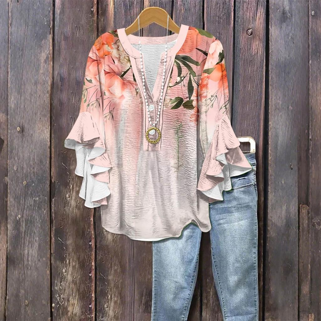 Women's Fashion Casual Button V-Neck Seven Sleeve Vintage Printed Shirt Top