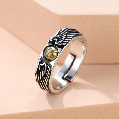 Retro Thai Silver Two Tone Basketball Wing Wings Men's Ring Personalized Trendy Men's and Women's Worn Out Small Open Ring