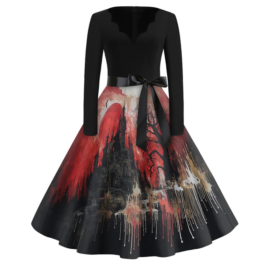 Women's Casual Vintage Halloween Dress V Neck Long Sleeve Retro Printed Swing Dress with Waist Tie Belt for Fall Seasonal Wear