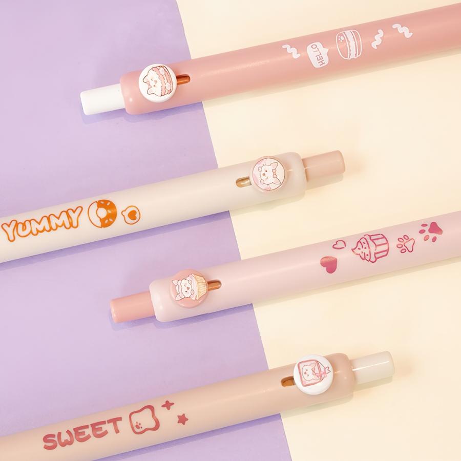 4pcs Kawaii Cat Dessert Retractable Gel Pen Set 0.5mm Ballpoint Black Ink Press Type for Girls Writing Gift A7569