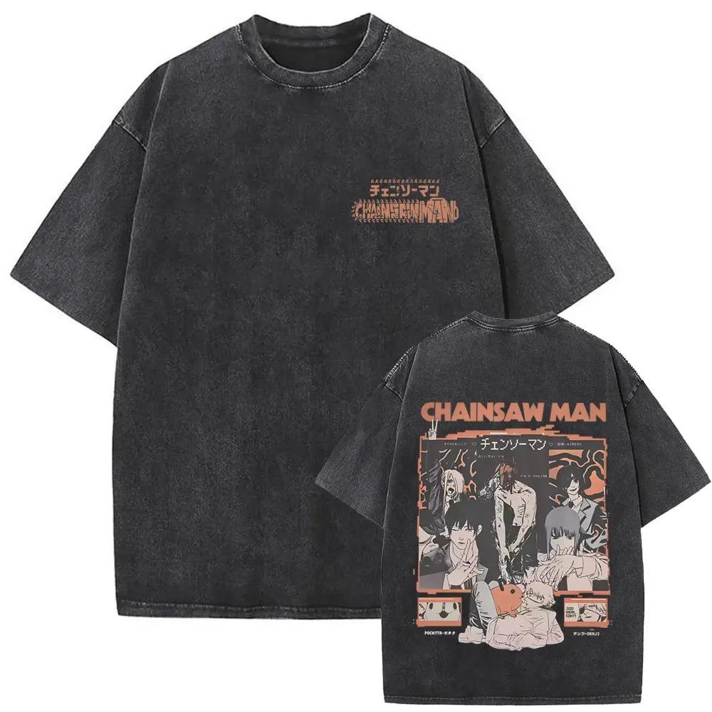 Chainsaw Man Pochita & Denji Vintage Washed Anime T-Shirt, Unisex Manga Fan Streetwear Tee, 100% Cotton Casual Short Sleeve Top