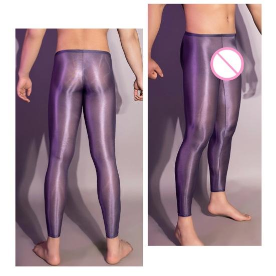 Pánské sexy dlouhé kalhoty průhledné olejově lesklé ultratenké strečové legíny lesklé ledové Silky Comfort úzké kalhoty