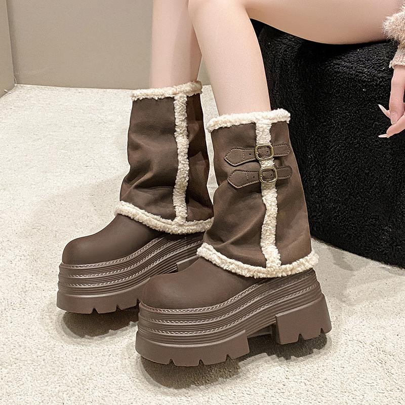 Fashion 2026 Designer Women Mid Calf Boots Faux Fur Chunky Block High Heels Autumn Winter Shoes Metal Decor Black White Ladies