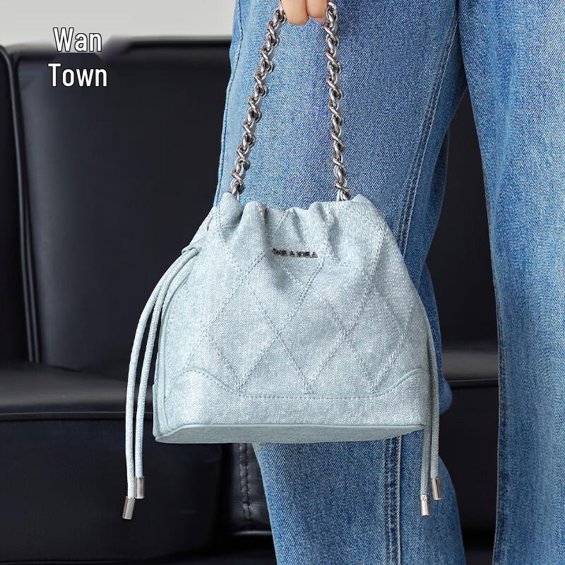 Women's Vintage Denim Drawstring Bucket Bag