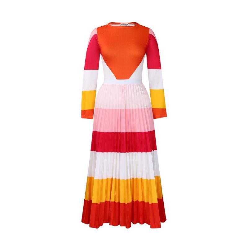 Autumn pleated print contrasting color suit long-sleeved top fashion skirt two-piece set