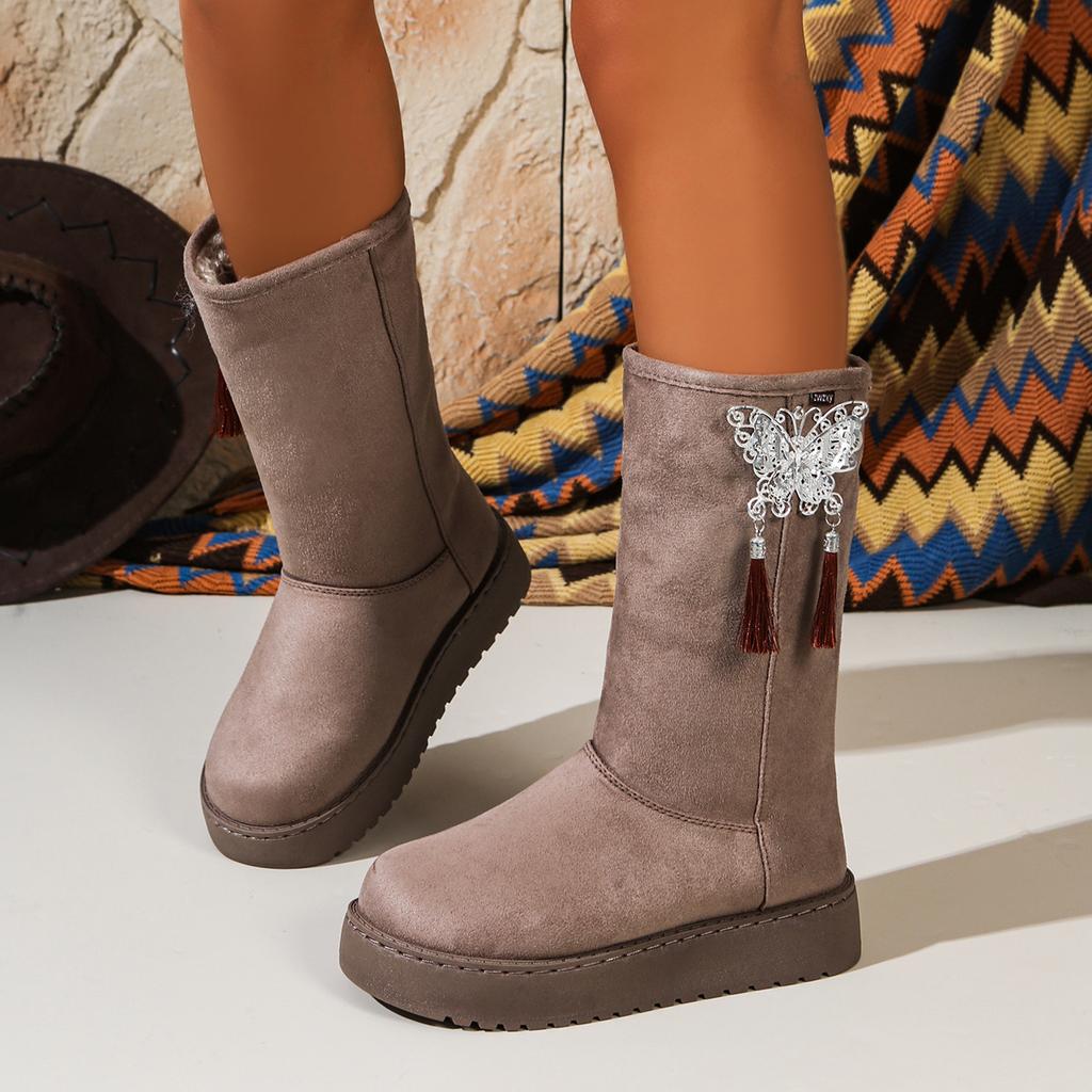 Tassel butterfly platform snow boots women's autumn and winter fashion mid-tube cotton boots new women's shoes