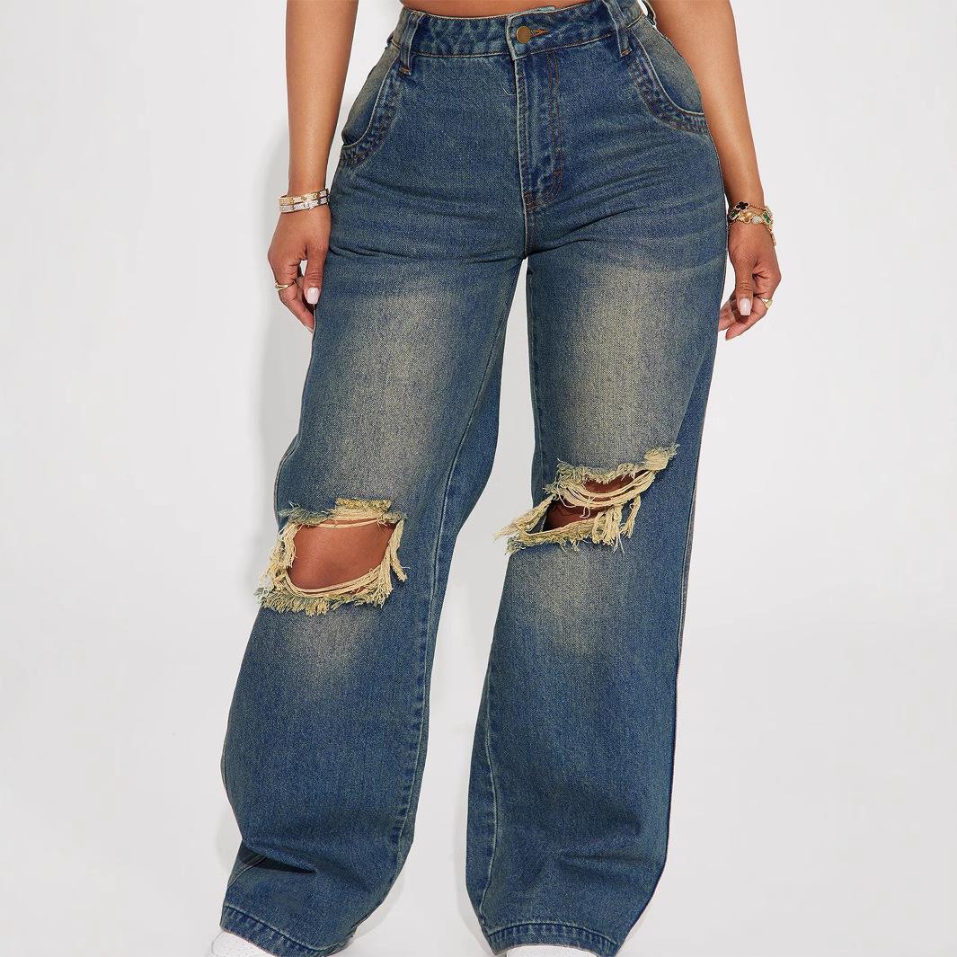 

ROADVIBE Women Jeans Retro Hollow Out Washed Jeans Women s Knee Ripped Wide Leg Denim Pants L темно-синього кольору