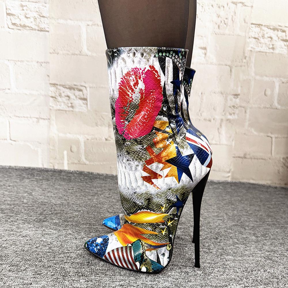 Fashion FHC 14cm High Heels Women Ankle Boots,Graffiti Lips Short Botas,Women Winter Pole Dancing Shoes,Side ZipPointed Toe,Dropship