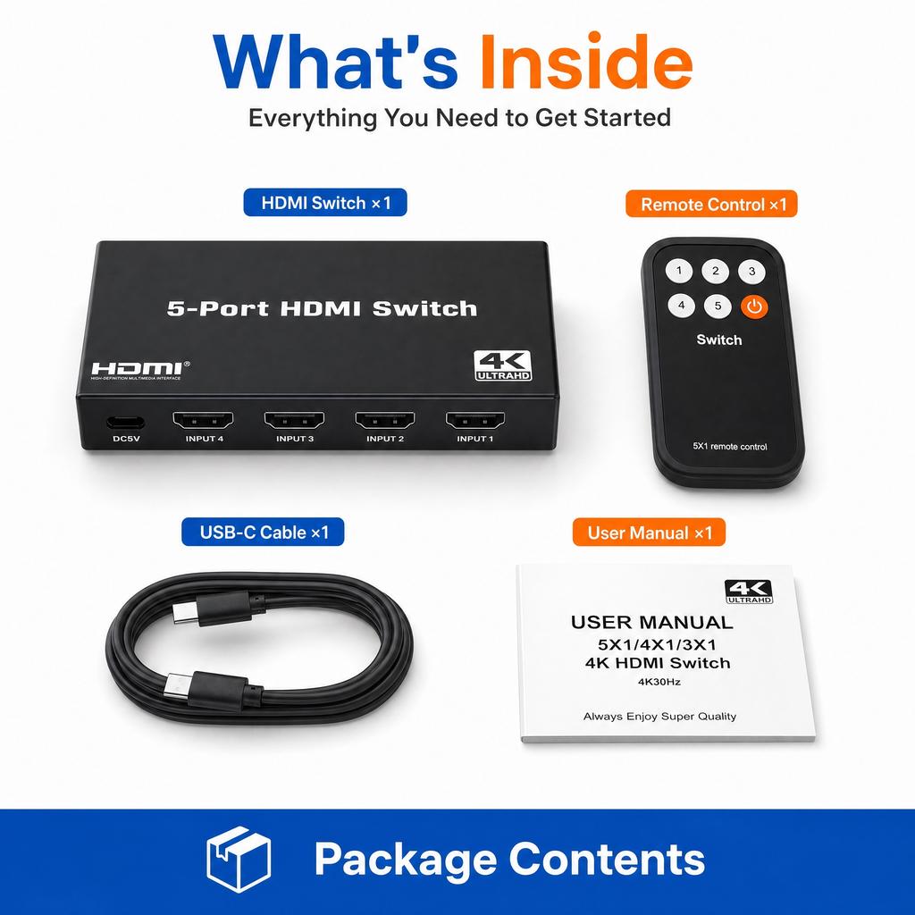 HDMI-Switch 5-Port 4K UHD HDMI-Selektor mit kabelloser Fernbedienung 10,2 Gbit/s Hochgeschwindigkeitsübertragung mit PS5 Xbox Blu-ray