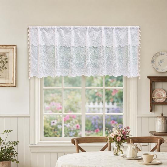 Cortina Media de Encaje, Cortina Transparente Floral Campestre Transpirable, Cortinas Estilo Nórdico Bloqueo de Polvo y Flujo de Aire, para Ventanas Medias de Cocina