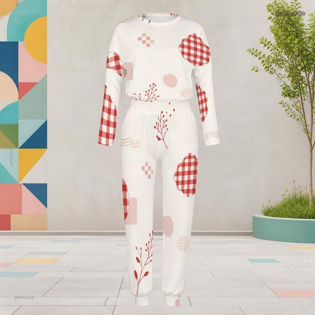 Women Plus Size Round Neck Long Sleeve Red White Plaid Printed Pocketed Cuffed Top Cuffed Pants Two Piece Set