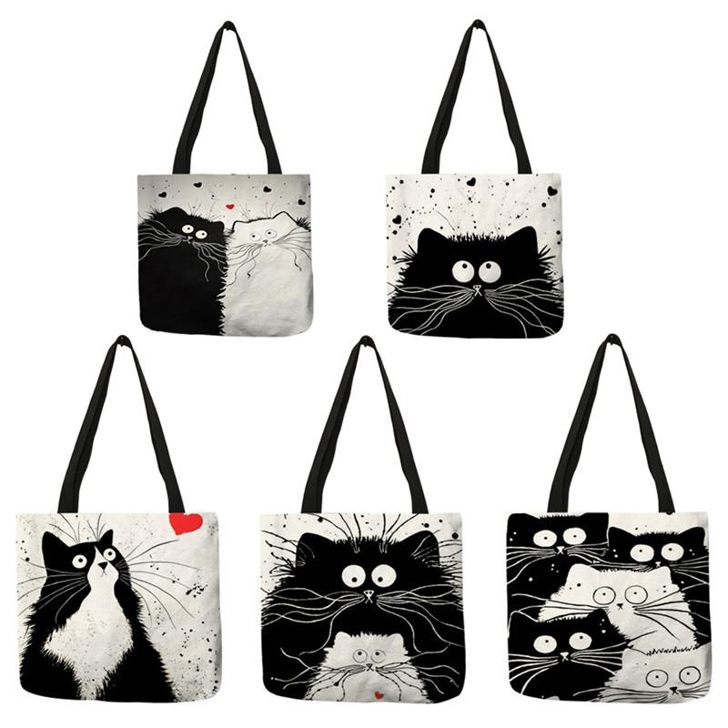Tote Einkaufstasche süße Katze Druck Frauen Handtasche Leinen Totes mit Print Logo Casual Reisen Strand Taschen