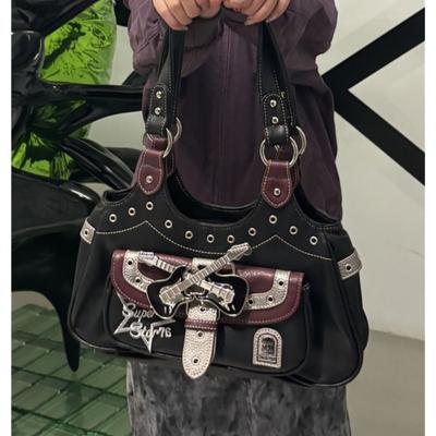 Gothic Punk  Bags Women Harajuku Aesthetic Leather Patchwork Casual Handbag Female Vintage Black Shoulder Bags Chic